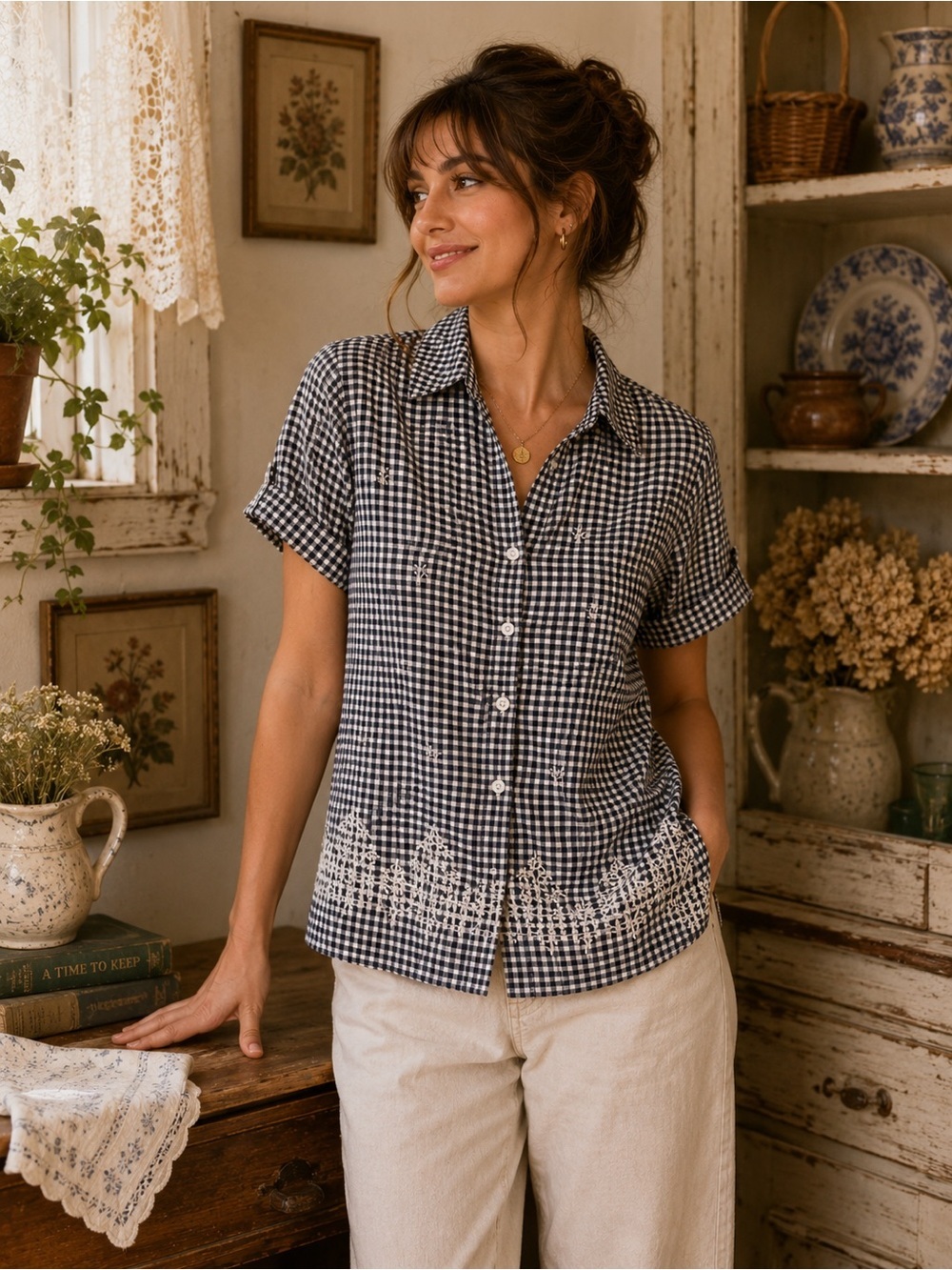 Vintage Alfred Dunner Checkered Gingham Plaid Short Sleeve Blouse Size Small